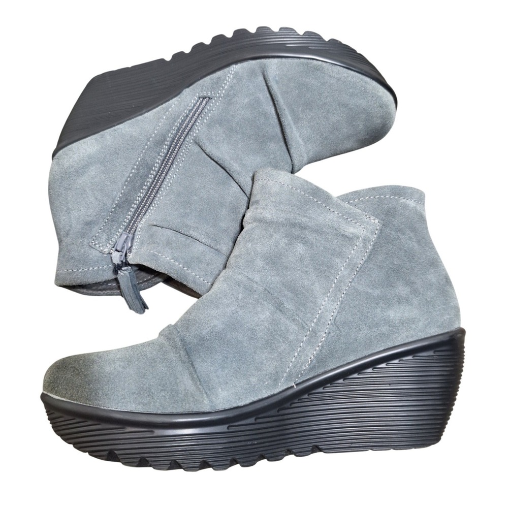 Skechers Platform Wedge Ankle Boots Women's 8 Grey Suede Parallel Double Trouble
